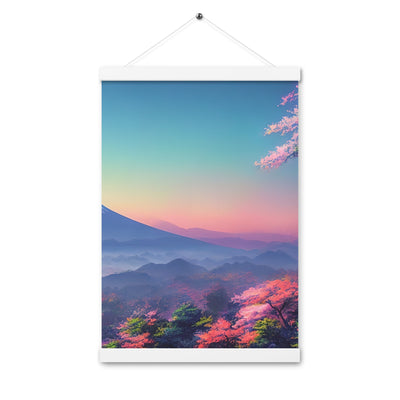 Berg und Wald mit pinken Bäumen - Landschaftsmalerei - Premium Poster mit Aufhängung berge xxx Weiß 30.5 x 45.7 cm