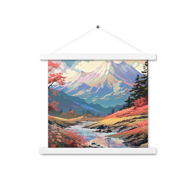 Berge. Fluss und Blumen - Malerei - Premium Poster mit Aufhängung berge xxx 35.6 x 35.6 cm