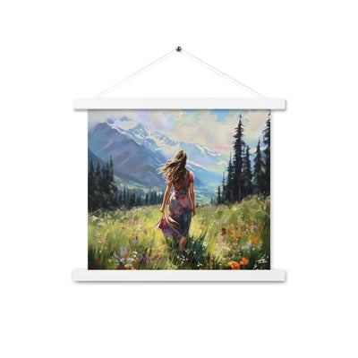 Frau mit langen Kleid im Feld mit Blumen - Berge im Hintergrund - Malerei - Premium Poster mit Aufhängung berge xxx 35.6 x 35.6 cm