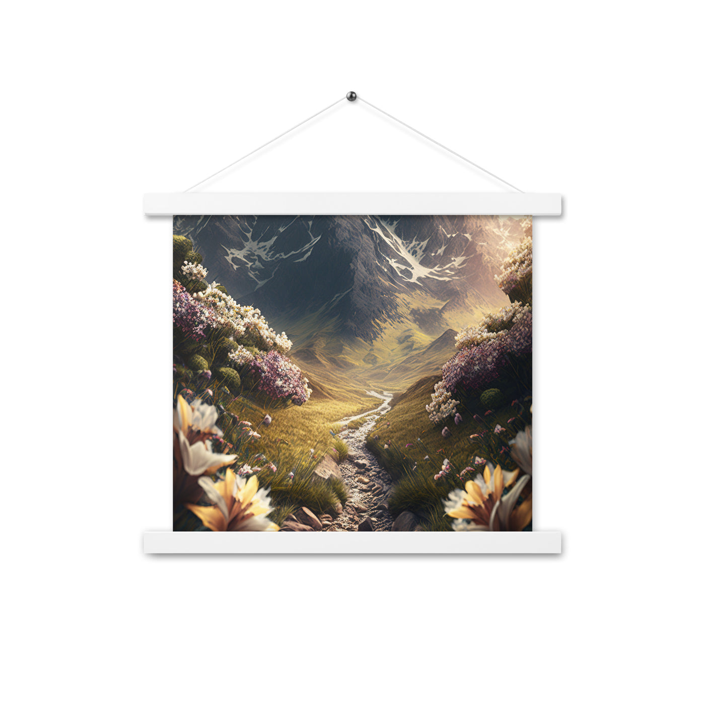 Epischer Berg, steiniger Weg und Blumen - Realistische Malerei - Premium Poster mit Aufhängung berge xxx 35.6 x 35.6 cm