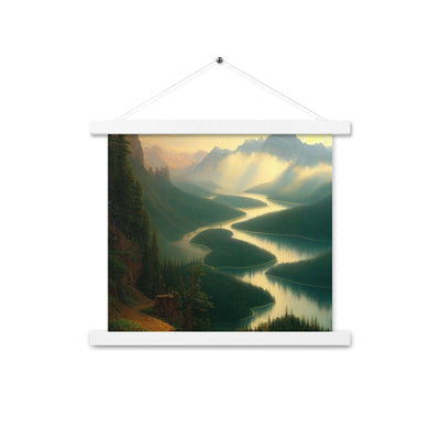 Landschaft mit Bergen, See und viel grüne Natur - Malerei - Premium Poster mit Aufhängung berge xxx 35.6 x 35.6 cm