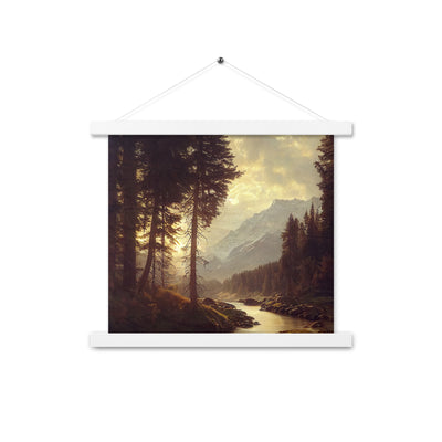Landschaft mit Bergen, Fluss und Bäumen - Malerei - Premium Poster mit Aufhängung berge xxx 35.6 x 35.6 cm