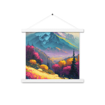 Berge, pinke und gelbe Bäume, sowie Blumen - Farbige Malerei - Premium Poster mit Aufhängung berge xxx 35.6 x 35.6 cm