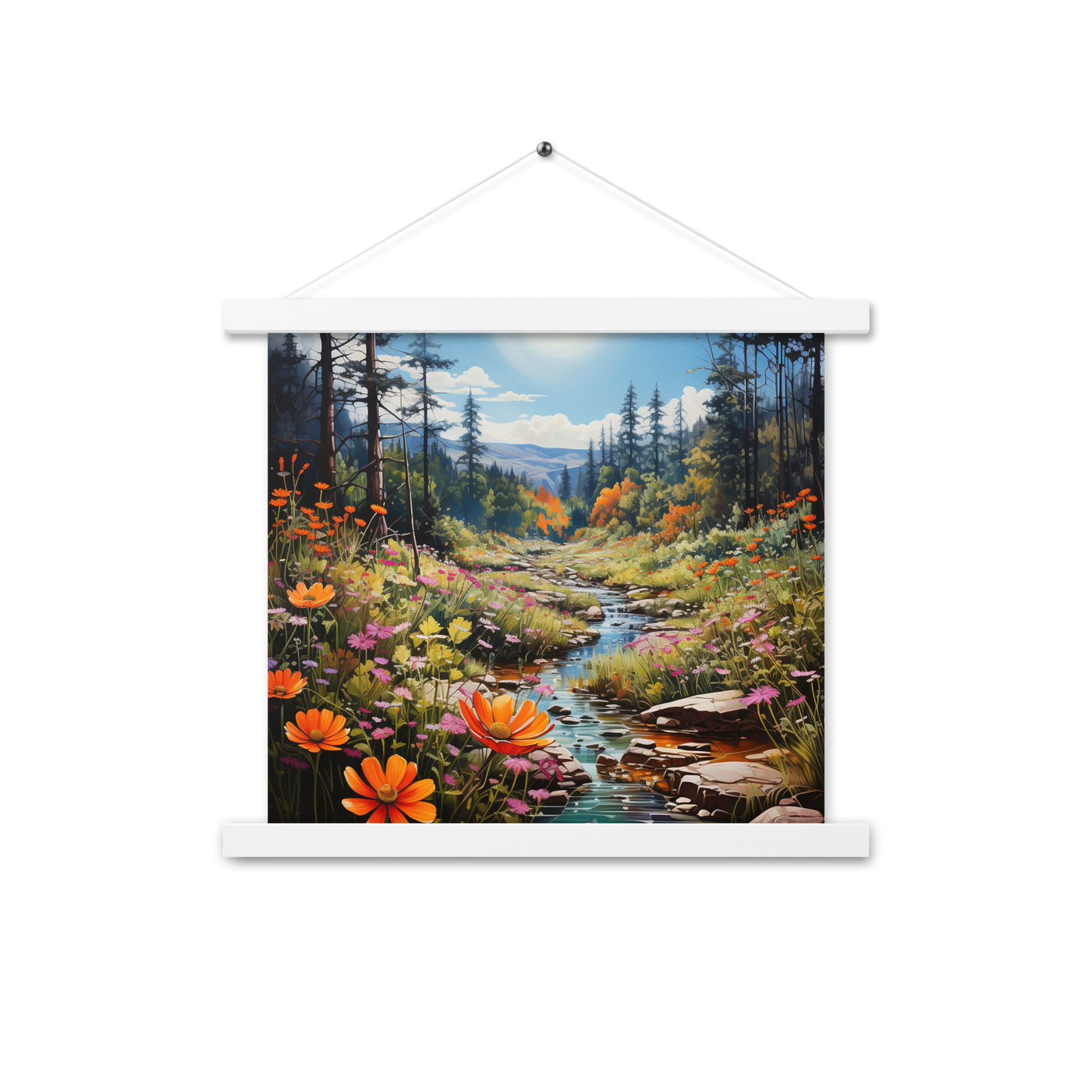 Berge, schöne Blumen und Bach im Wald - Premium Poster mit Aufhängung berge xxx 35.6 x 35.6 cm