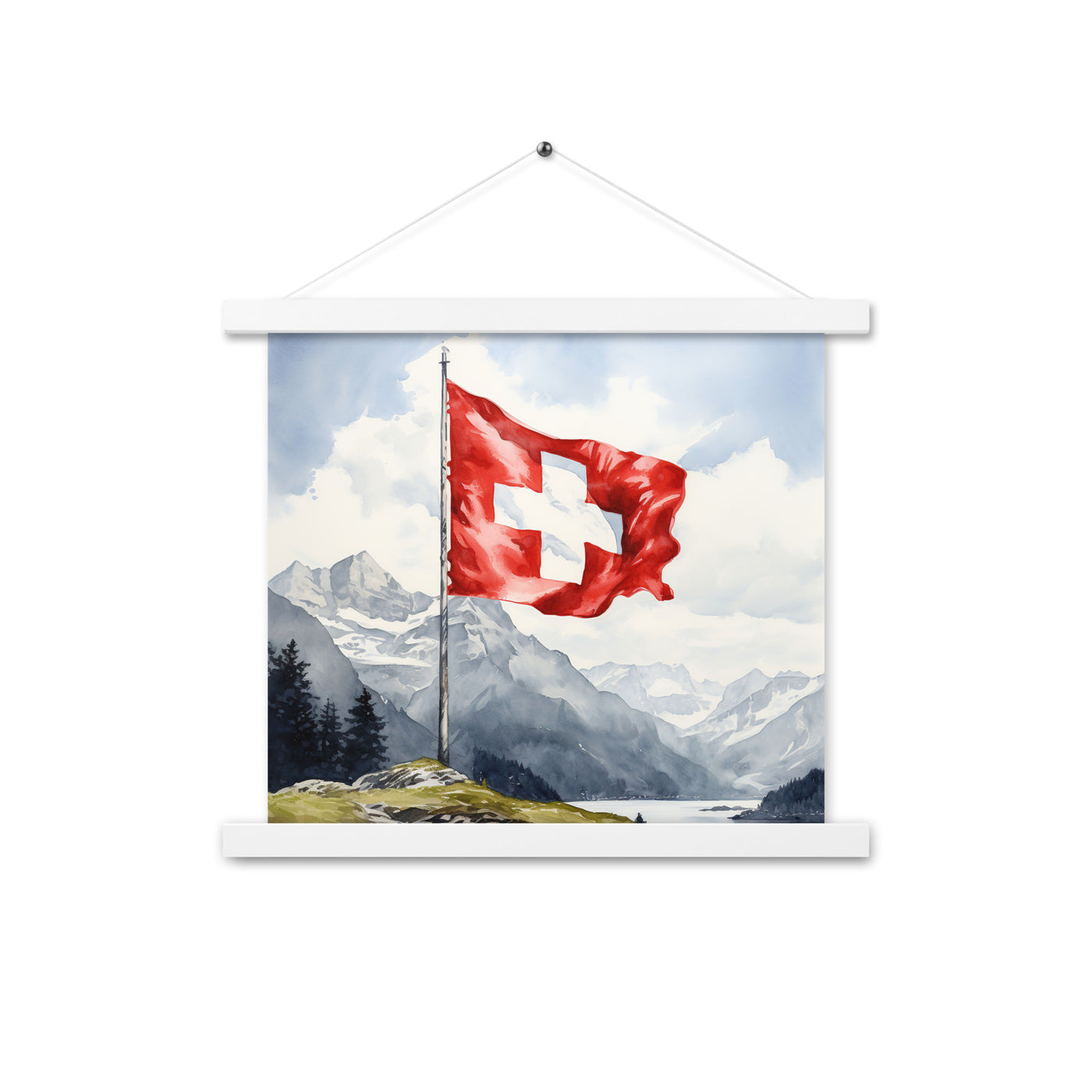 Schweizer Flagge und Berge im Hintergrund - Epische Stimmung - Malerei - Premium Poster mit Aufhängung berge xxx 35.6 x 35.6 cm