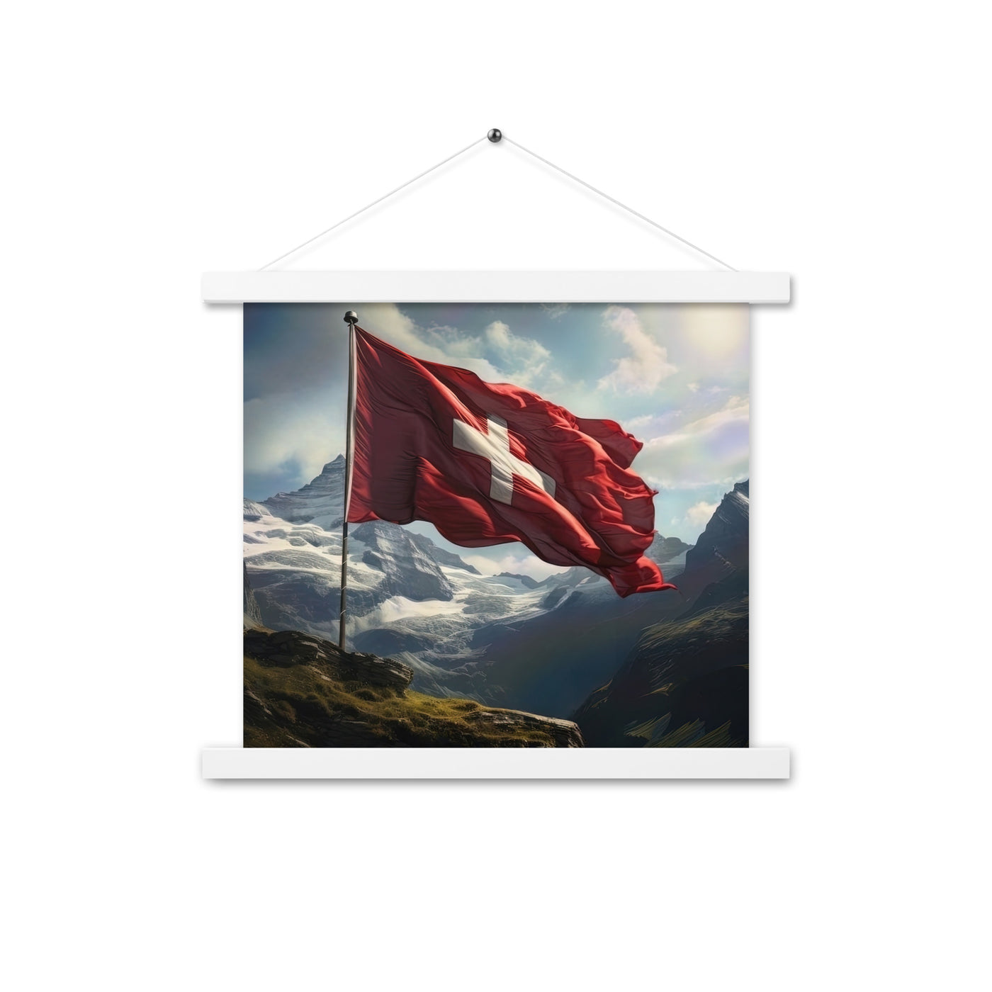Schweizer Flagge und Berge im Hintergrund - Fotorealistische Malerei - Premium Poster mit Aufhängung berge xxx 35.6 x 35.6 cm