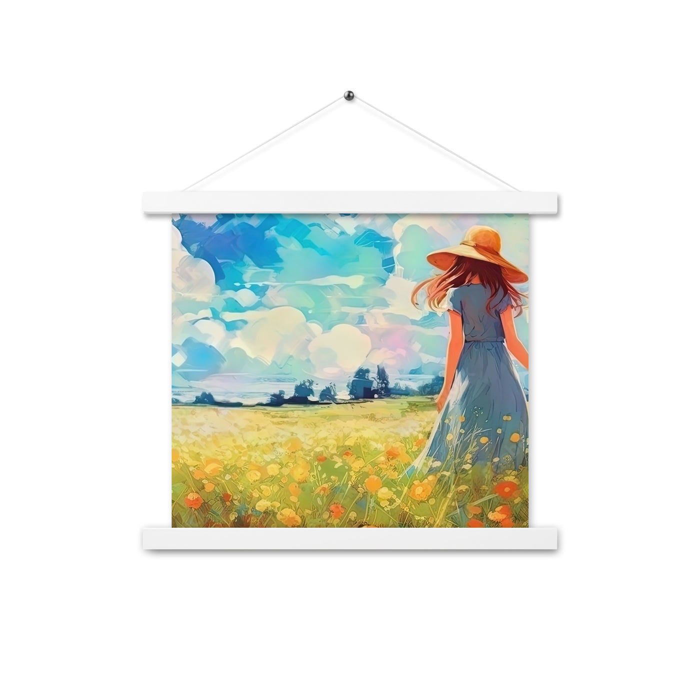 Dame mit Hut im Feld mit Blumen - Landschaftsmalerei - Premium Poster mit Aufhängung camping xxx 35.6 x 35.6 cm