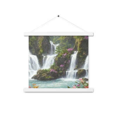 Wasserfall im Wald und Blumen - Schöne Malerei - Premium Poster mit Aufhängung camping xxx 35.6 x 35.6 cm
