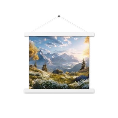 Berglandschaft mit Sonnenschein, Blumen und Bäumen - Malerei - Premium Poster mit Aufhängung berge xxx 35.6 x 35.6 cm