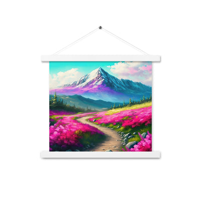 Berg, pinke Blumen und Wanderweg - Landschaftsmalerei - Premium Poster mit Aufhängung berge xxx 35.6 x 35.6 cm