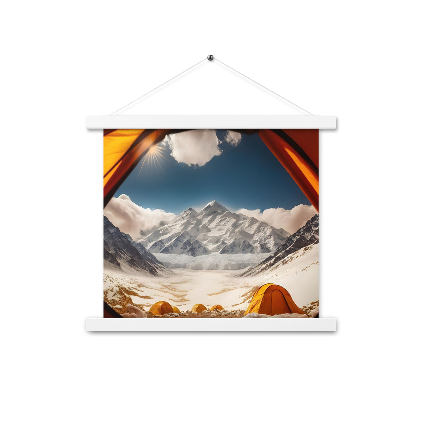 Foto aus dem Zelt - Berge und Zelte im Hintergrund - Tagesaufnahme - Premium Poster mit Aufhängung camping xxx 35.6 x 35.6 cm