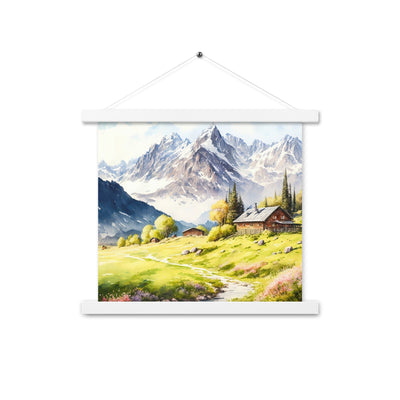 Epische Berge und Berghütte - Landschaftsmalerei - Premium Poster mit Aufhängung berge xxx 35.6 x 35.6 cm
