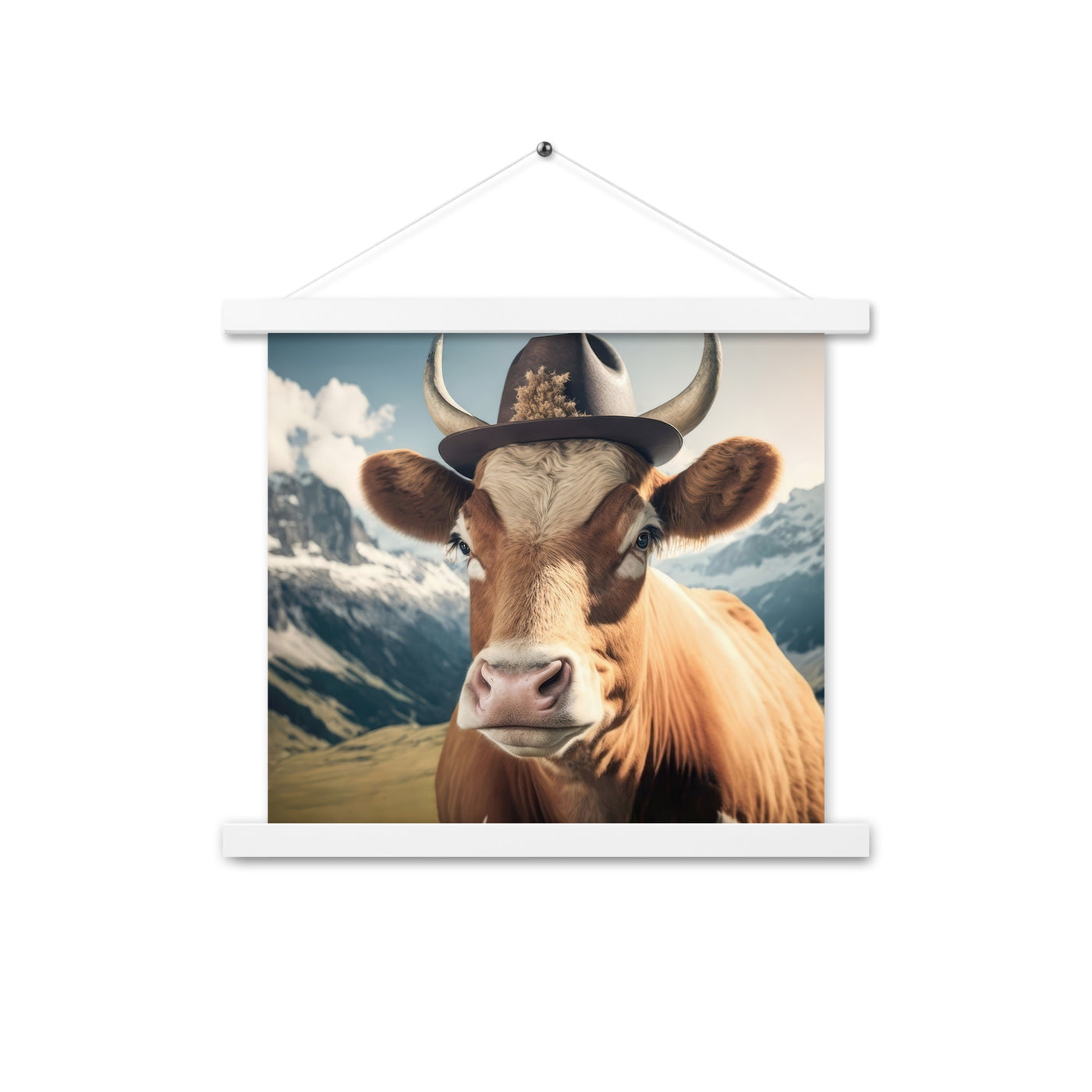 Kuh mit Hut in den Alpen - Berge im Hintergrund - Landschaftsmalerei - Premium Poster mit Aufhängung berge xxx Weiß 35.6 x 35.6 cm
