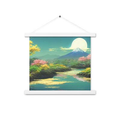 Berg, See und Wald mit pinken Bäumen - Landschaftsmalerei - Premium Poster mit Aufhängung berge xxx 35.6 x 35.6 cm
