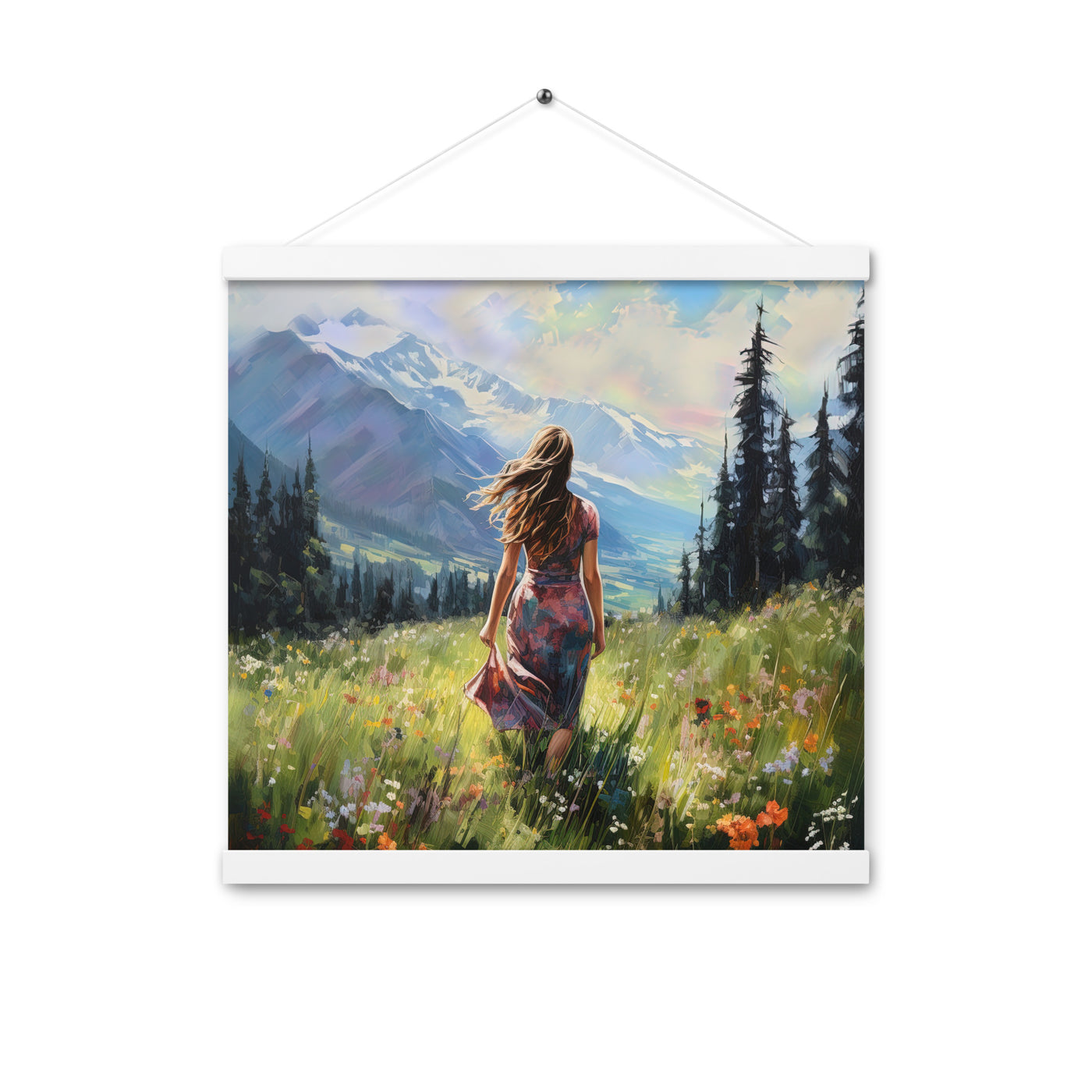Frau mit langen Kleid im Feld mit Blumen - Berge im Hintergrund - Malerei - Premium Poster mit Aufhängung berge xxx 40.6 x 40.6 cm