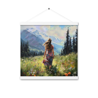 Frau mit langen Kleid im Feld mit Blumen - Berge im Hintergrund - Malerei - Premium Poster mit Aufhängung berge xxx 40.6 x 40.6 cm