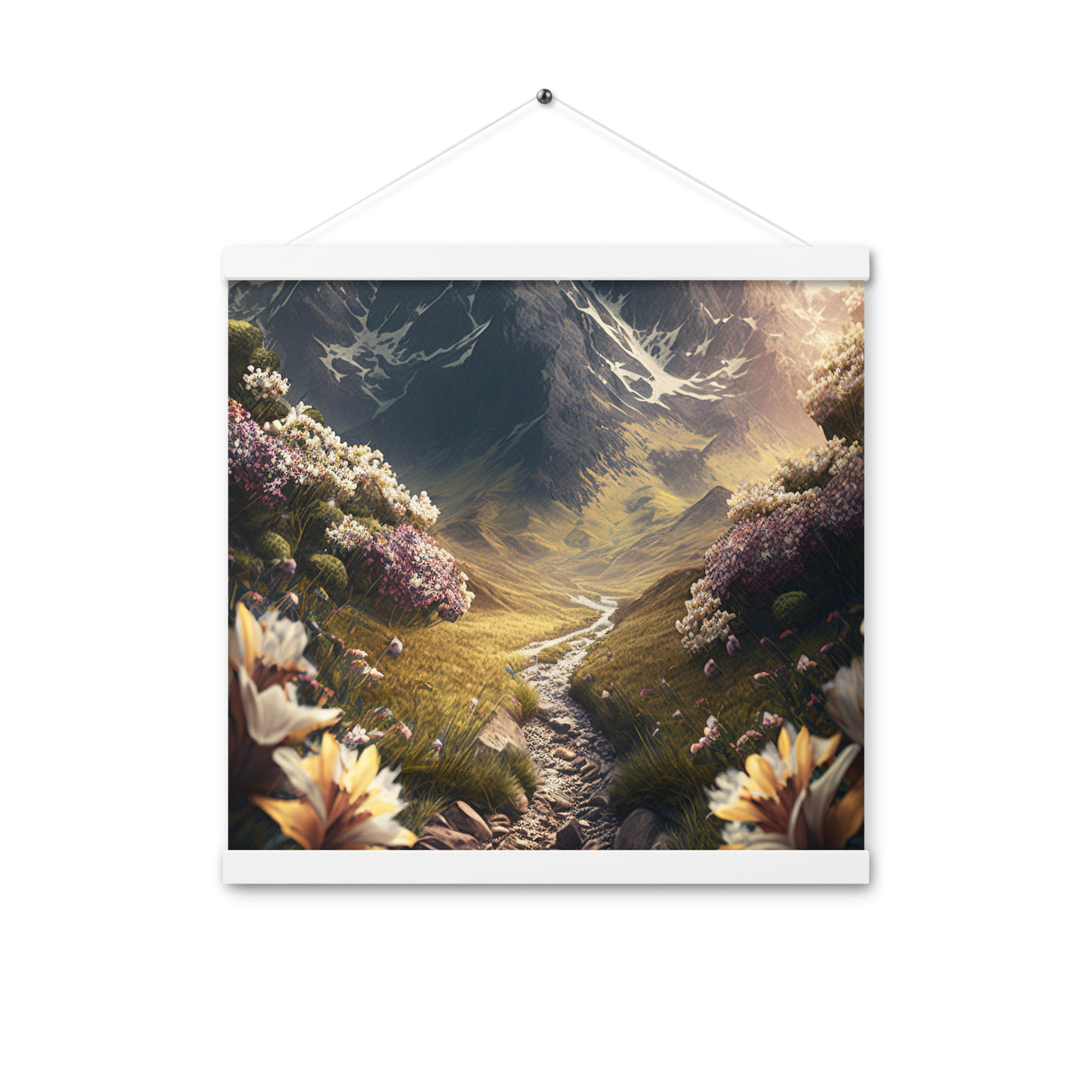 Epischer Berg, steiniger Weg und Blumen - Realistische Malerei - Premium Poster mit Aufhängung berge xxx 40.6 x 40.6 cm