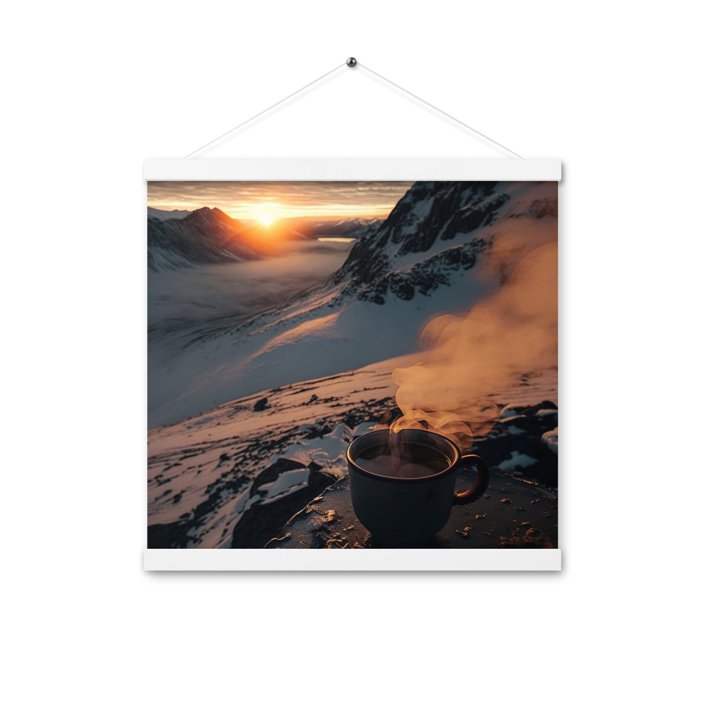 Heißer Kaffee auf einem schneebedeckten Berg - Premium Poster mit Aufhängung berge xxx 40.6 x 40.6 cm