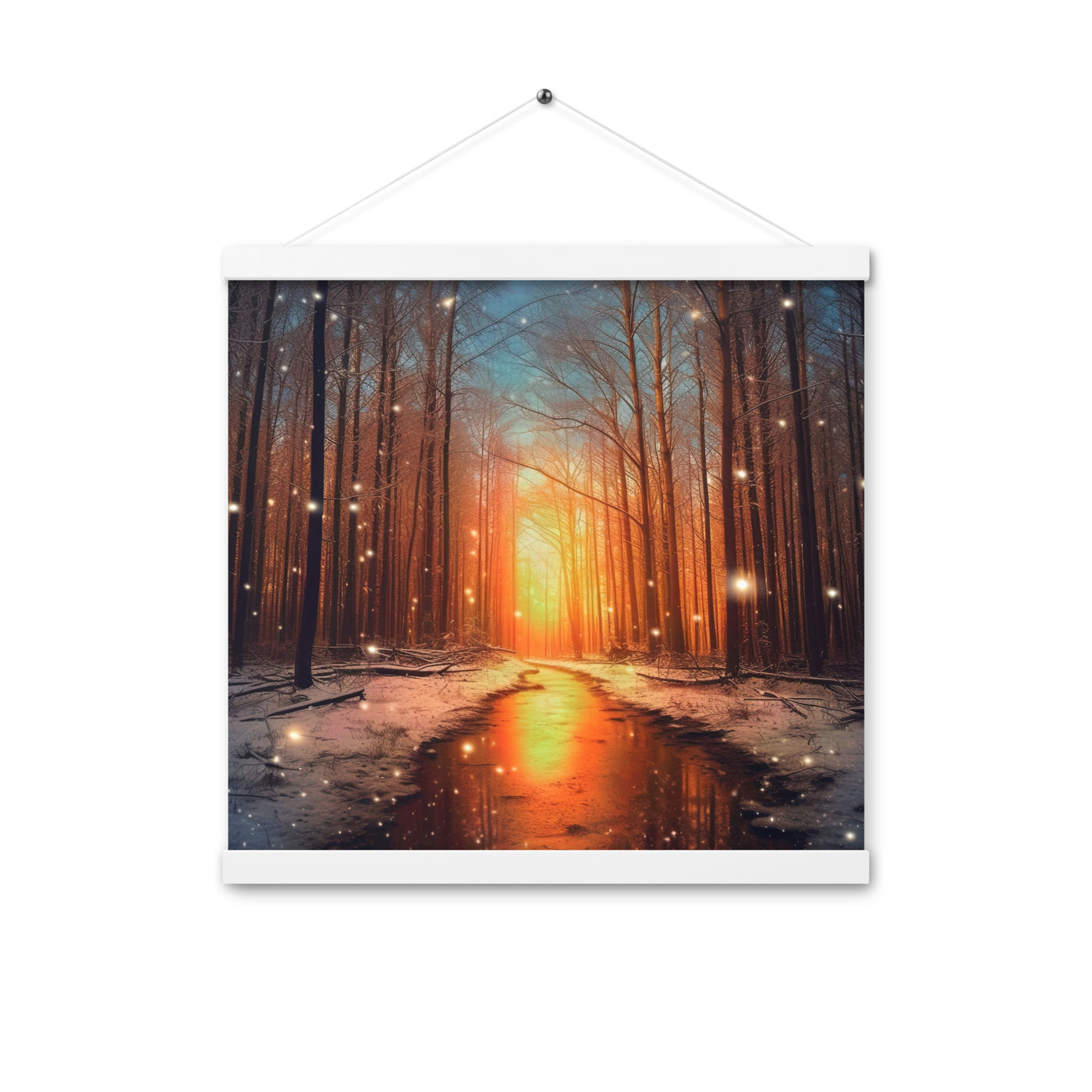 Bäume im Winter, Schnee, Sonnenaufgang und Fluss - Premium Poster mit Aufhängung camping xxx 40.6 x 40.6 cm