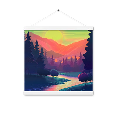 Berge, Fluss, Sonnenuntergang - Malerei - Premium Poster mit Aufhängung berge xxx 40.6 x 40.6 cm