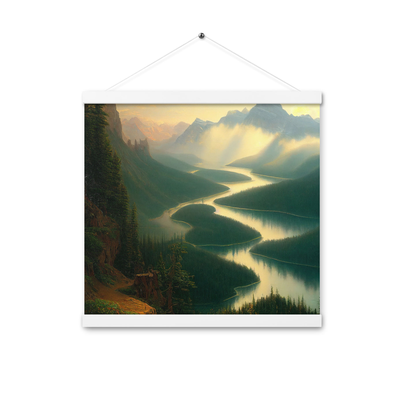 Landschaft mit Bergen, See und viel grüne Natur - Malerei - Premium Poster mit Aufhängung berge xxx 40.6 x 40.6 cm