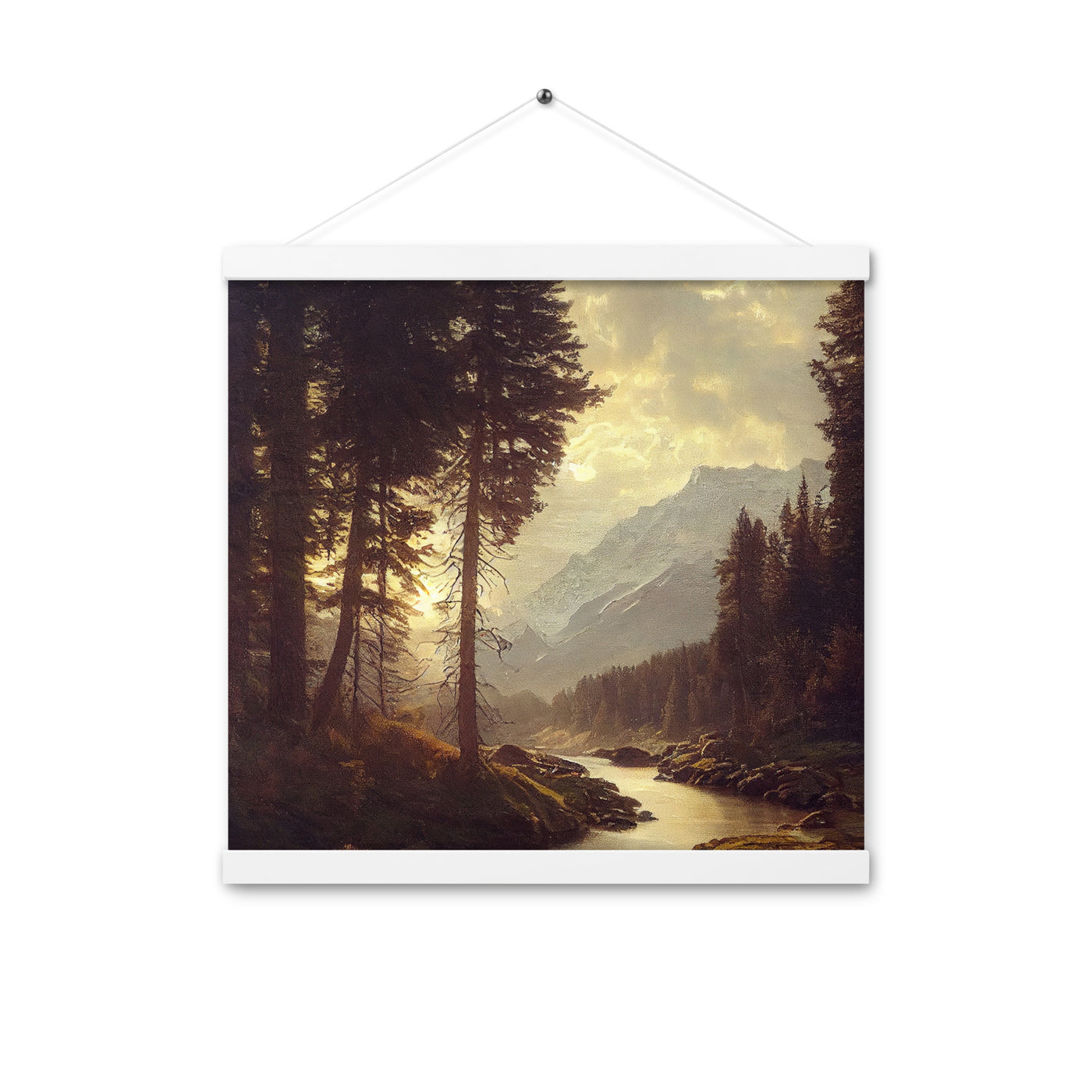 Landschaft mit Bergen, Fluss und Bäumen - Malerei - Premium Poster mit Aufhängung berge xxx 40.6 x 40.6 cm