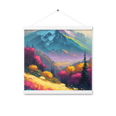 Berge, pinke und gelbe Bäume, sowie Blumen - Farbige Malerei - Premium Poster mit Aufhängung berge xxx 40.6 x 40.6 cm