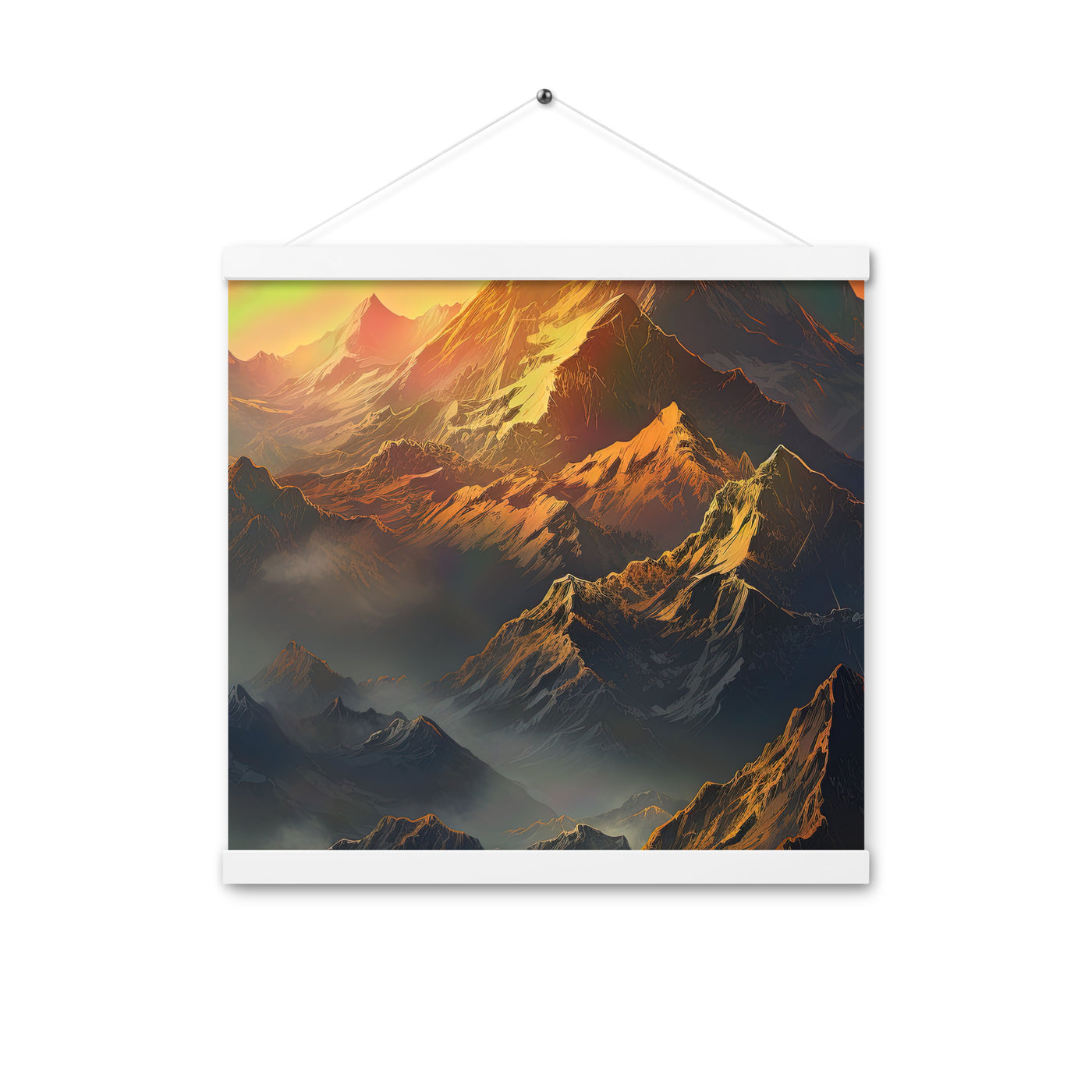 Wunderschöne Himalaya Gebirge im Nebel und Sonnenuntergang - Malerei - Premium Poster mit Aufhängung berge xxx 40.6 x 40.6 cm