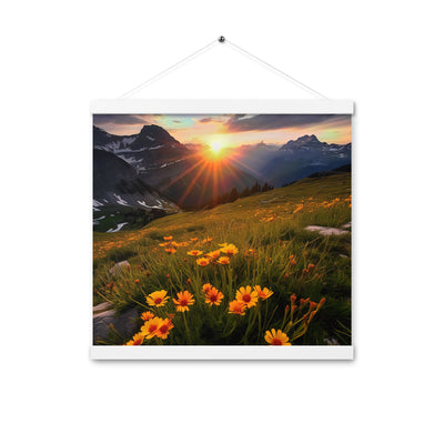 Gebirge, Sonnenblumen und Sonnenaufgang - Premium Poster mit Aufhängung berge xxx 40.6 x 40.6 cm