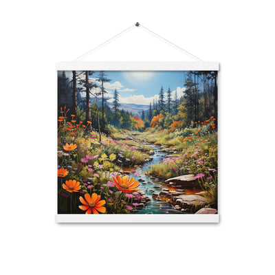 Berge, schöne Blumen und Bach im Wald - Premium Poster mit Aufhängung berge xxx 40.6 x 40.6 cm