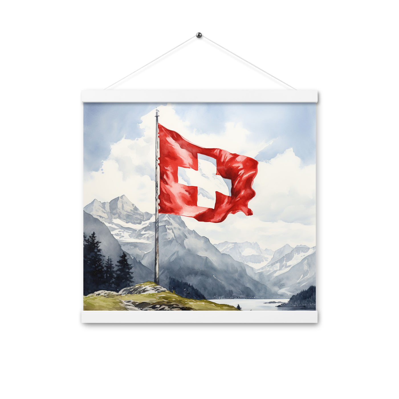 Schweizer Flagge und Berge im Hintergrund - Epische Stimmung - Malerei - Premium Poster mit Aufhängung berge xxx 40.6 x 40.6 cm