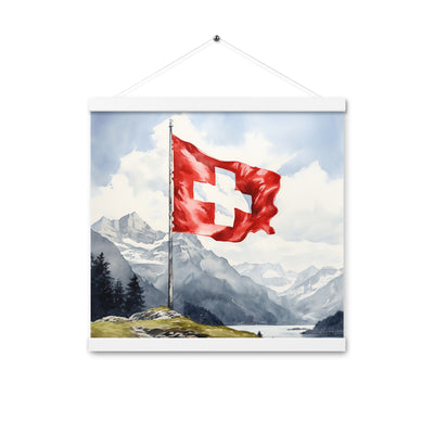 Schweizer Flagge und Berge im Hintergrund - Epische Stimmung - Malerei - Premium Poster mit Aufhängung berge xxx 40.6 x 40.6 cm