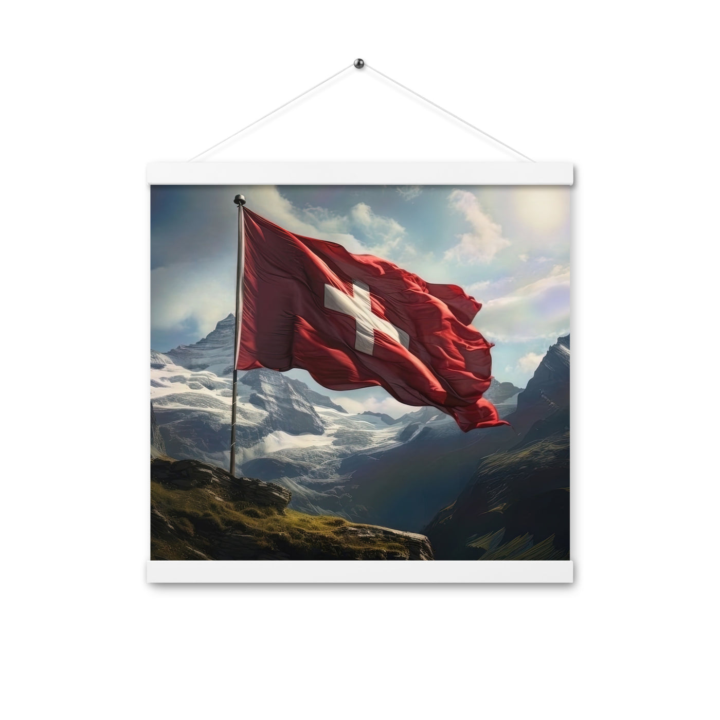 Schweizer Flagge und Berge im Hintergrund - Fotorealistische Malerei - Premium Poster mit Aufhängung berge xxx 40.6 x 40.6 cm