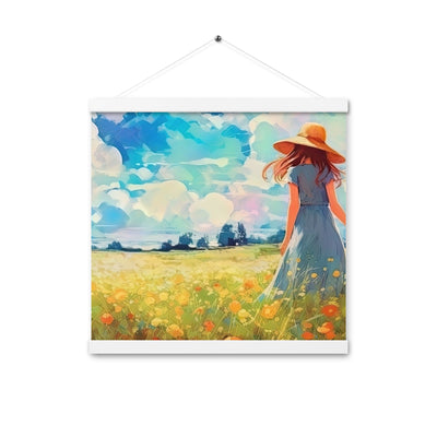 Dame mit Hut im Feld mit Blumen - Landschaftsmalerei - Premium Poster mit Aufhängung camping xxx 40.6 x 40.6 cm