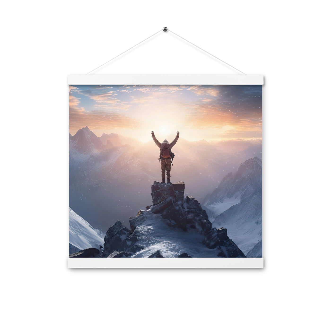 Mann auf der Spitze eines Berges - Landschaftsmalerei - Premium Poster mit Aufhängung berge xxx 40.6 x 40.6 cm