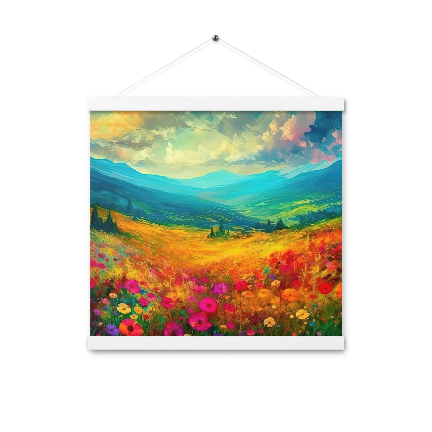Berglandschaft und schöne farbige Blumen - Malerei - Premium Poster mit Aufhängung berge xxx 40.6 x 40.6 cm
