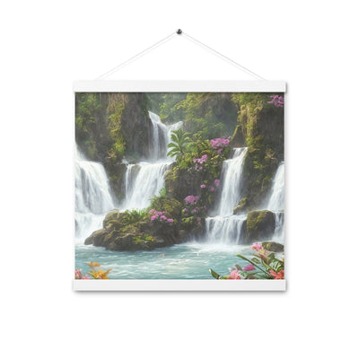 Wasserfall im Wald und Blumen - Schöne Malerei - Premium Poster mit Aufhängung camping xxx 40.6 x 40.6 cm