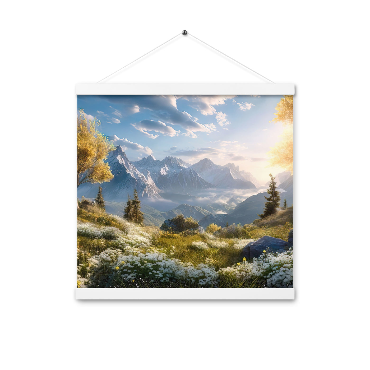 Berglandschaft mit Sonnenschein, Blumen und Bäumen - Malerei - Premium Poster mit Aufhängung berge xxx 40.6 x 40.6 cm