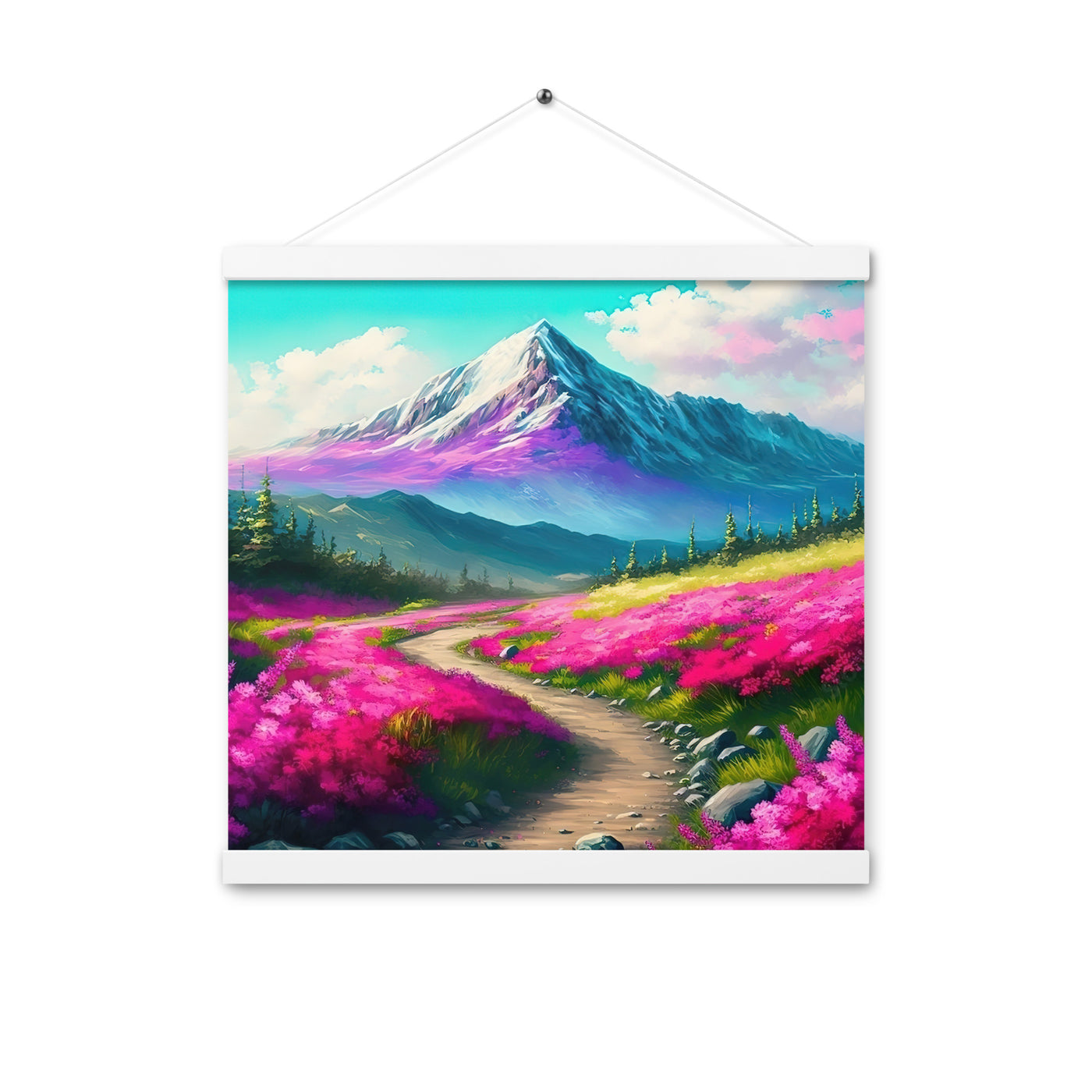 Berg, pinke Blumen und Wanderweg - Landschaftsmalerei - Premium Poster mit Aufhängung berge xxx 40.6 x 40.6 cm