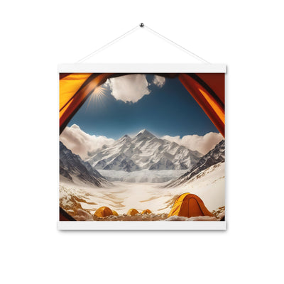 Foto aus dem Zelt - Berge und Zelte im Hintergrund - Tagesaufnahme - Premium Poster mit Aufhängung camping xxx 40.6 x 40.6 cm