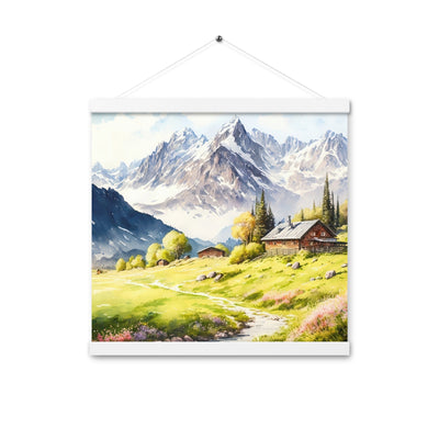 Epische Berge und Berghütte - Landschaftsmalerei - Premium Poster mit Aufhängung berge xxx 40.6 x 40.6 cm