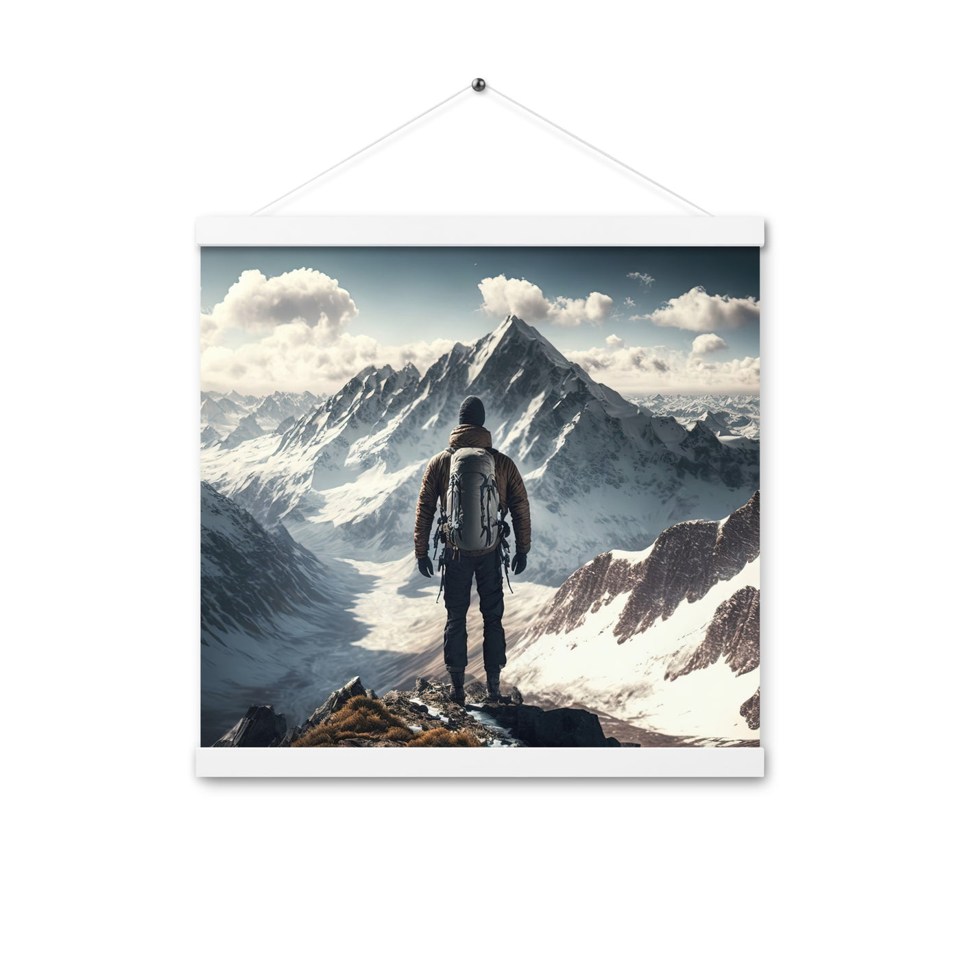 Wanderer auf Berg von hinten - Malerei - Premium Poster mit Aufhängung berge xxx Weiß 40.6 x 40.6 cm