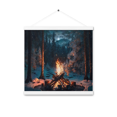 Lagerfeuer beim Camping - Wald mit Schneebedeckten Bäumen - Malerei - Premium Poster mit Aufhängung camping xxx 40.6 x 40.6 cm