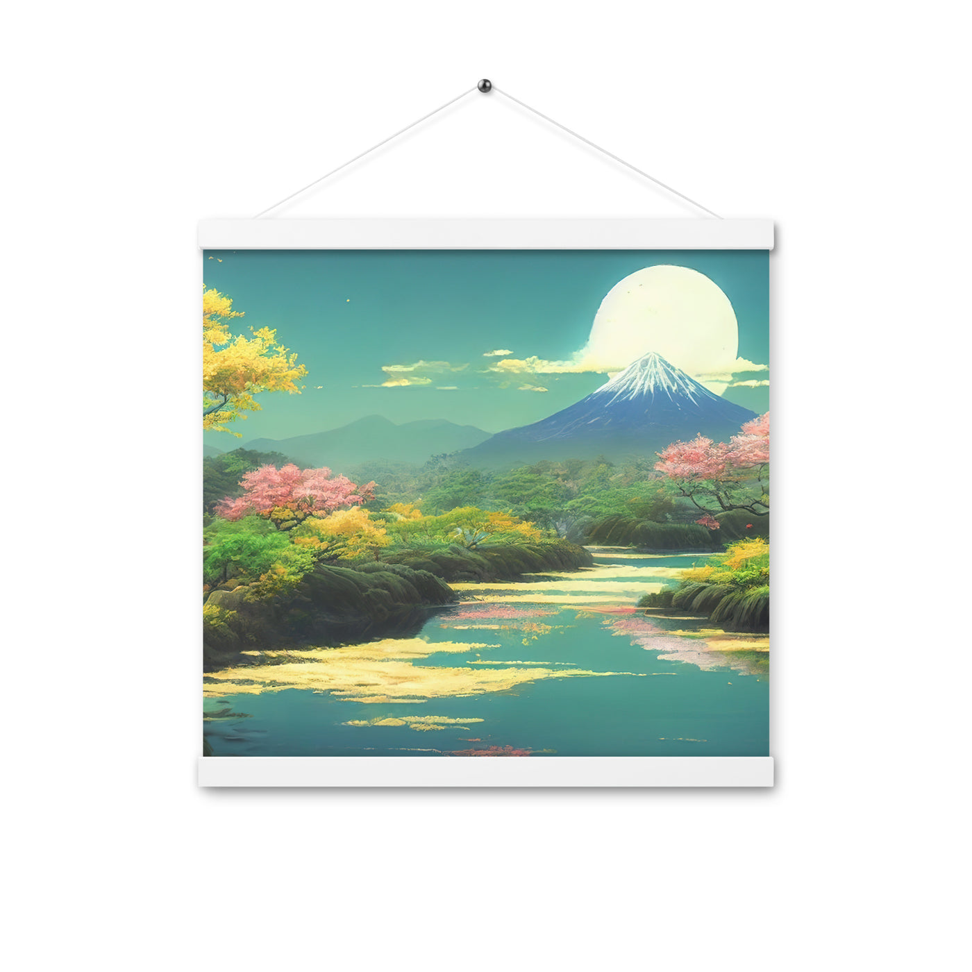 Berg, See und Wald mit pinken Bäumen - Landschaftsmalerei - Premium Poster mit Aufhängung berge xxx 40.6 x 40.6 cm