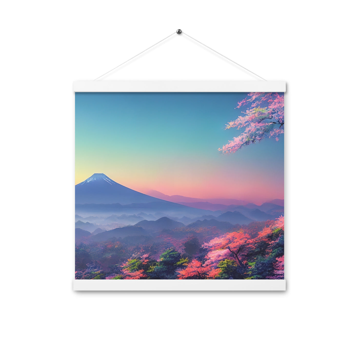 Berg und Wald mit pinken Bäumen - Landschaftsmalerei - Premium Poster mit Aufhängung berge xxx Weiß 40.6 x 40.6 cm