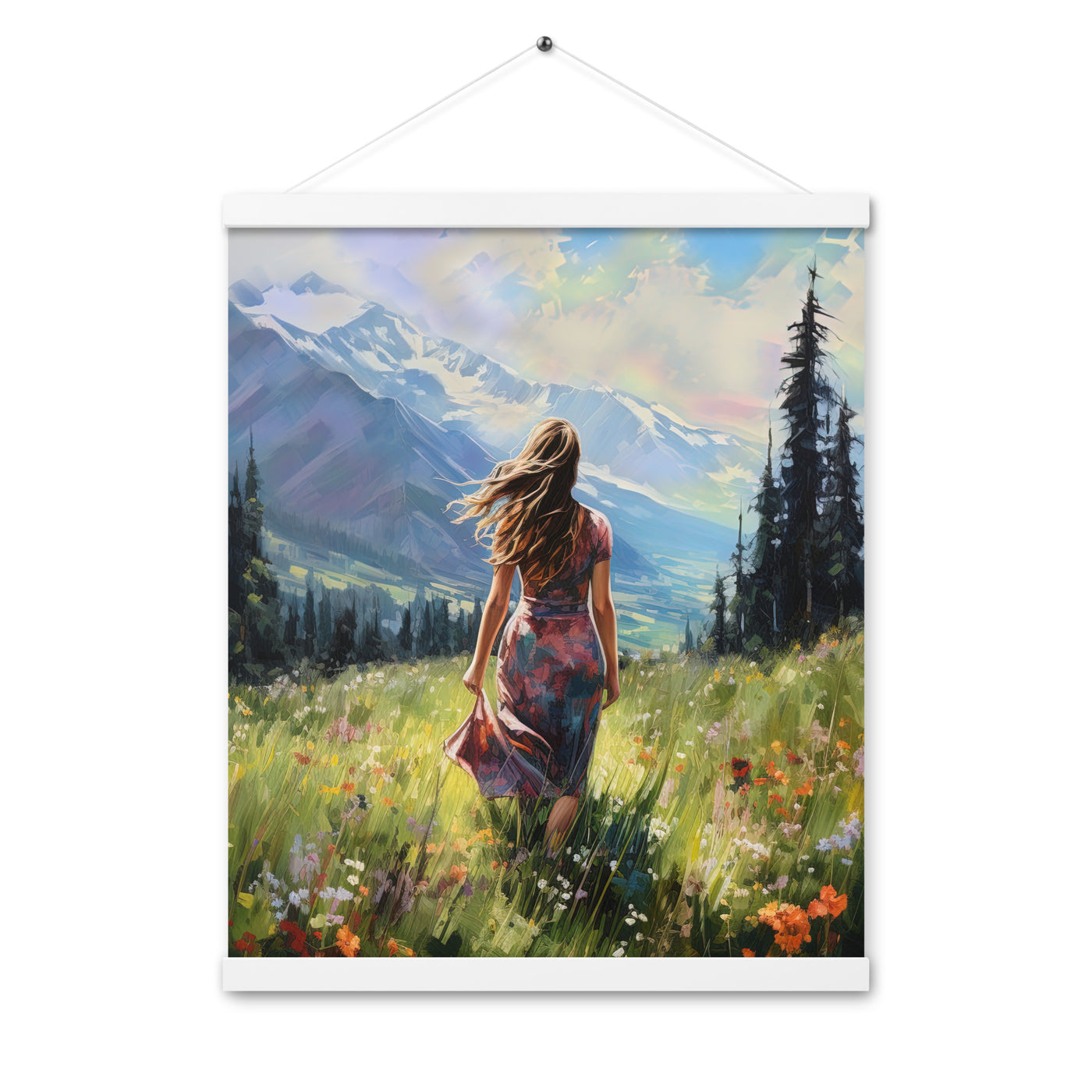 Frau mit langen Kleid im Feld mit Blumen - Berge im Hintergrund - Malerei - Premium Poster mit Aufhängung berge xxx 40.6 x 50.8 cm