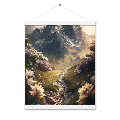 Epischer Berg, steiniger Weg und Blumen - Realistische Malerei - Premium Poster mit Aufhängung berge xxx 40.6 x 50.8 cm