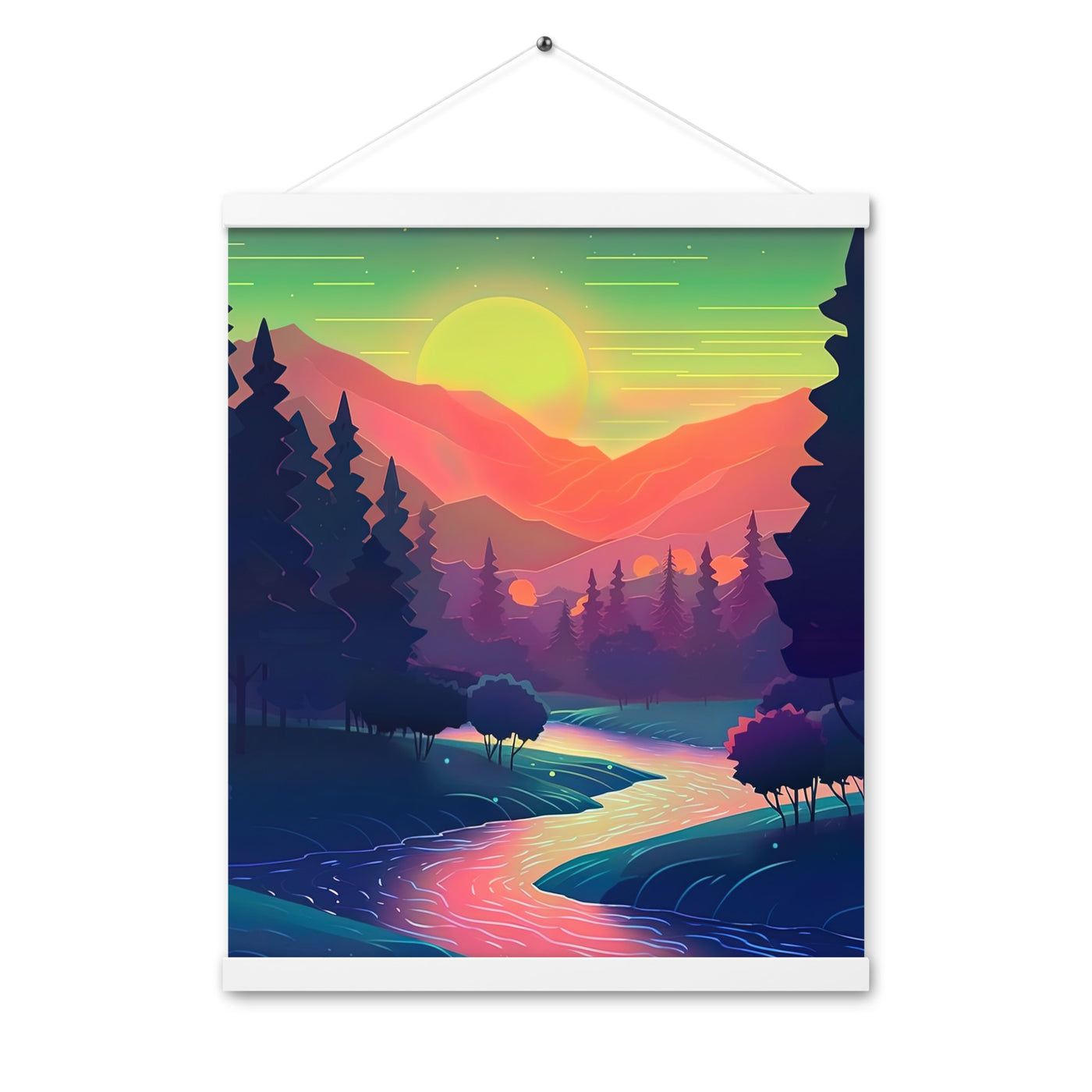 Berge, Fluss, Sonnenuntergang - Malerei - Premium Poster mit Aufhängung berge xxx 40.6 x 50.8 cm
