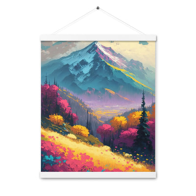Berge, pinke und gelbe Bäume, sowie Blumen - Farbige Malerei - Premium Poster mit Aufhängung berge xxx 40.6 x 50.8 cm