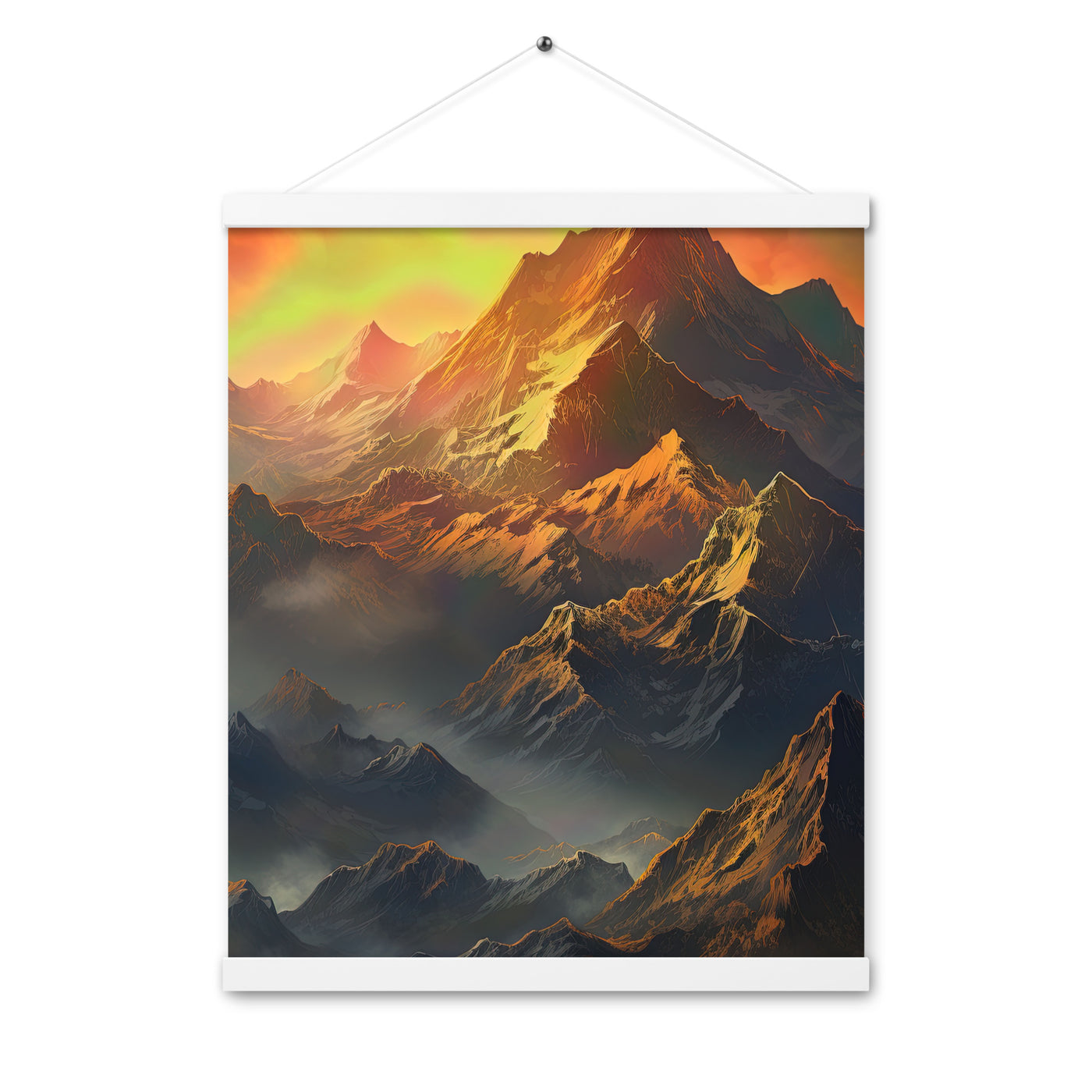 Wunderschöne Himalaya Gebirge im Nebel und Sonnenuntergang - Malerei - Premium Poster mit Aufhängung berge xxx 40.6 x 50.8 cm